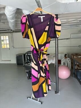 Diane Von Furstenberg Geometric Wrap Midi Dress in Purple, Pink & Yellow silk